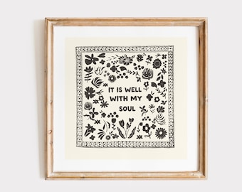 Cream It Is Well WIth My Soul Square Print, INSTANT Digital Downloadable Wall Art, Kitchen, Living Room Art, Thin Line, Scripture