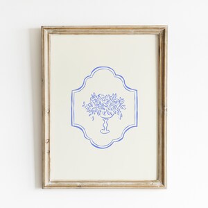 Cream and Blue Minimal Thin Line Art Print, Digital Print, Wall Art, Trendy Decor, Abstract, English Garden, Floral, Cottage