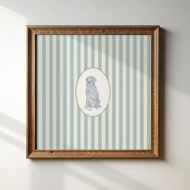 Blue and White Striped Golden Retriever Dog: Trendy Cottage Decor, Digital Downloads, Art Print, Gift Idea, Pet Owner Gift image 10