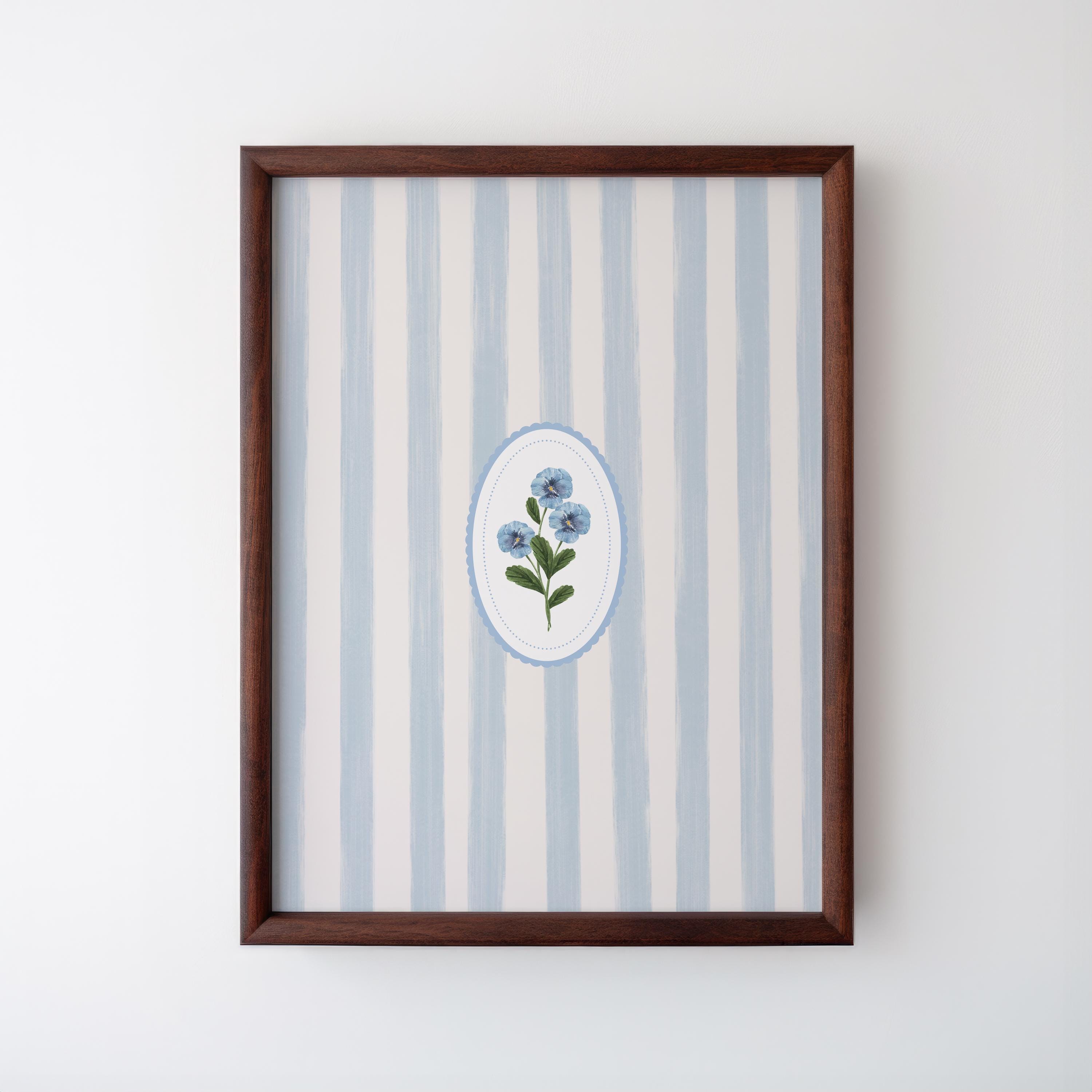 Blue Striped Minimal Floral Art Print, Digital Print, Wall