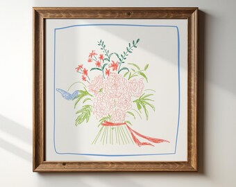 Colored Pencil Bouquet Square Print, INSTANT Digital Downloadable Wall Art, Trendy Decor, floral illustration, Living Room Art, Botanical