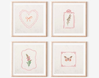 Bundle of FOUR Pink Vintage Botanical Print Duo, Digital Downloadable Wall Art, Trendy Decor, English Garden Painting, Minimal Decor