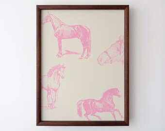 Pink Horse Illustration Art Print: Vintage Equestrian Decor, Digital Downloads, Art Print, Gift Idea, Aesthetic