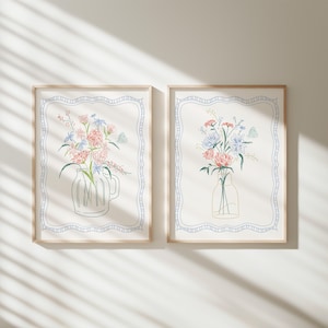 Set of Two, Floral Doodle Art Prints: English Garden Cottage Decor, Digital Downloads, Art Print, Hand Drawn, Coquette aesthetic