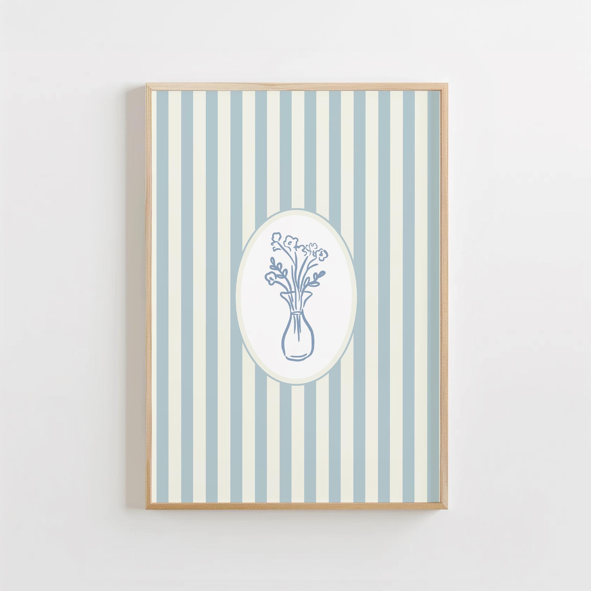 青と白のストライプ模様の花柄ボタニカル花瓶プリント：トレンディな