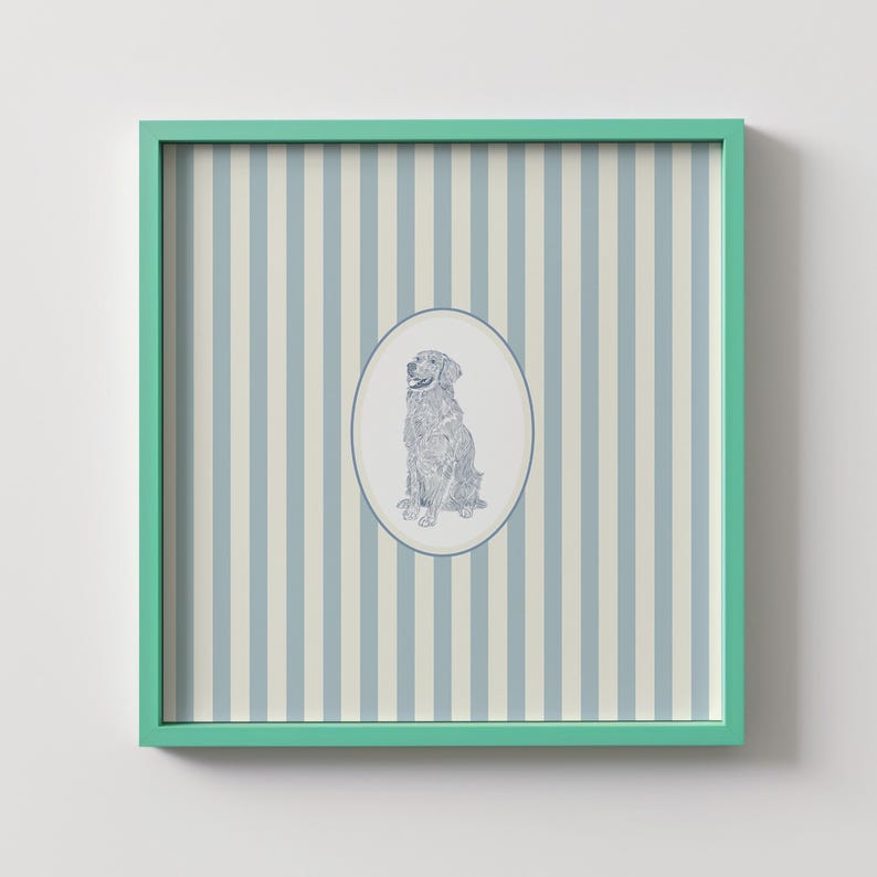 Blue and White Striped Golden Retriever Dog: Trendy Cottage Decor, Digital Downloads, Art Print, Gift Idea, Pet Owner Gift image 8