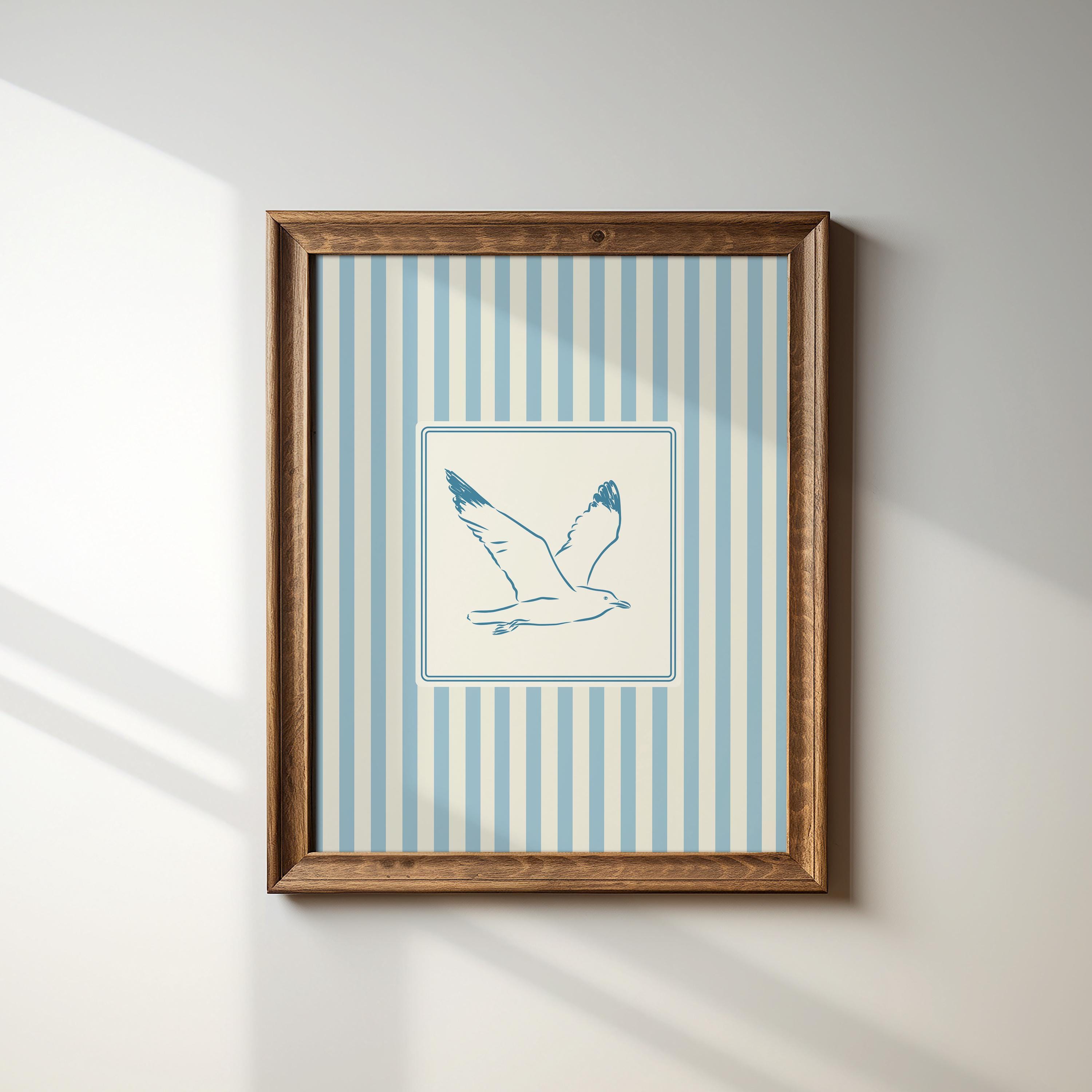 Minimalist Coastal Seagull French Blue Print, Vertical, INSTANT Digital Downloadable Wall Art, Trendy Decor, illustration