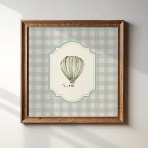 Blue Gingham Hot Air Balloon Print: Vintage Nursery Wall ArtDigital Download, Wall Art, Art Print, Sweet Nursery Gift