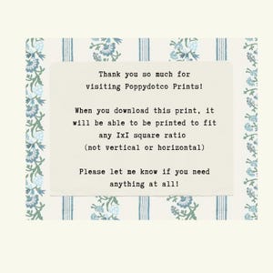 May include: A digital print with a cream background and floral and striped borders. The text reads, "Thank you so much for visiting Poppydotco Prints!" and other details about the print's format.
