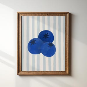 Blue Striped Minimal Berry Art Print, Digital Print, Wall Art, Trendy Decor, Abstract Vintage Painting, English Garden, Floral, Cottage