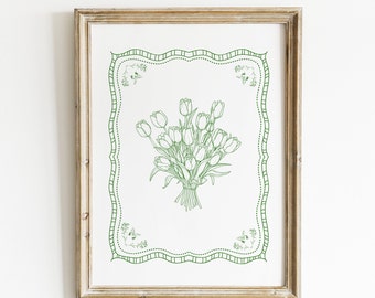 Vintage Tulip Illustration Print, Digital Downloadable Wall Art, Trendy Decor, Abstract Vintage Painting, Green and White, Vintage Botanical