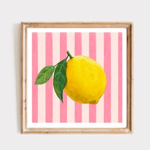Fresh Lemons with Pink Stripes Print, INSTANT Digital Downloadable Wall Art, Trendy Decor, Kitchen Fruit illustration, Living Room Art