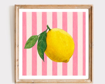 Fresh Lemons with Pink Stripes Print, INSTANT Digital Downloadable Wall Art, Trendy Decor, Kitchen Fruit illustration, Living Room Art