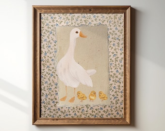 3 CHICK Vintage Mother Duck Print, Digital Downloadable Wall Art, Nursery Art, Abstract Vintage Painting, Cottagecore Decor, Printable Art