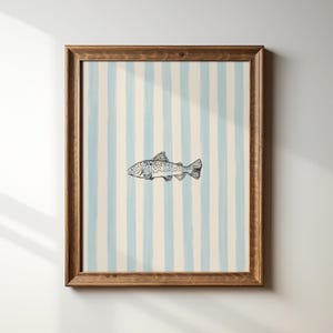 Blue Striped Fish Print: Vintage Cottagecore Wall Art, Digital Download, Art Print, Gift Idea, Aesthetic