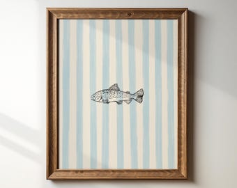 Blue Striped Fish Print, Digital Downloadable Wall Art, Trendy Decor, Vintage Painting, Cottagecore Decor, Printable Wall Art, Nursery