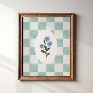 Blue Checkered Floral Art Print, Digital Downloadable Wall Art, Trendy Decor, Abstract Vintage Painting, English Garden, Floral, Cottage