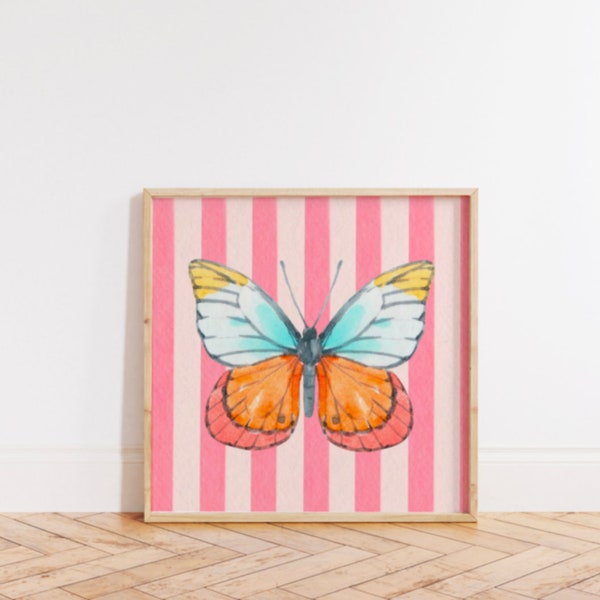 Pink Striped Watercolor Butterfly Print, INSTANT Digital Downloadable Wall Art, Trendy Decor, floral illustration, Living Room Art, Nursery