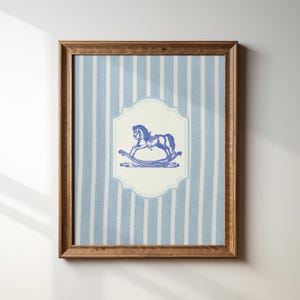 Blue Vintage Rocking Horse Art Print, Digital Print, Wall Art, Trendy Decor, Abstract Vintage Painting, Floral, Cottage