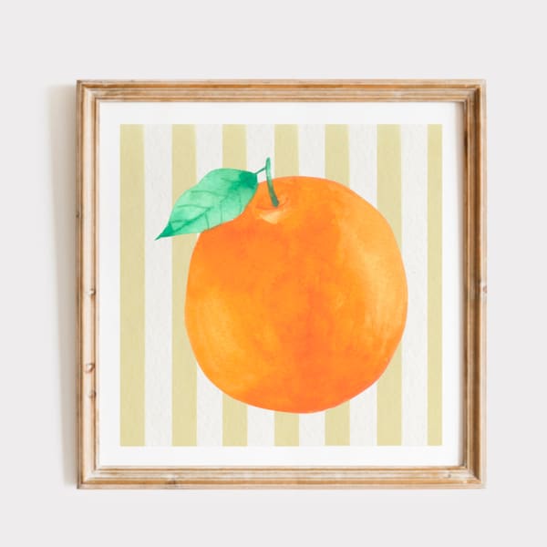 Fresh Orange with Yellow Stripes Print, INSTANT Digital Downloadable Wall Art, Trendy Decor, Kitchen Fruit illustration, Living Room Art