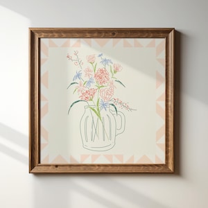 Blush gestepptes Einmachglas Doodle Blumendruck, SOFORTIGE digital herunterladbare Wandkunst, trendiges Dekor, Wohnzimmerkunst, Cottage, Kinderzimmer