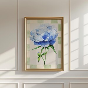Blue Peony Vintage Floral Print, Watercolor, Digital Downloadable Wall Art, Trendy Decor, Abstract Vintage Painting, English Garden