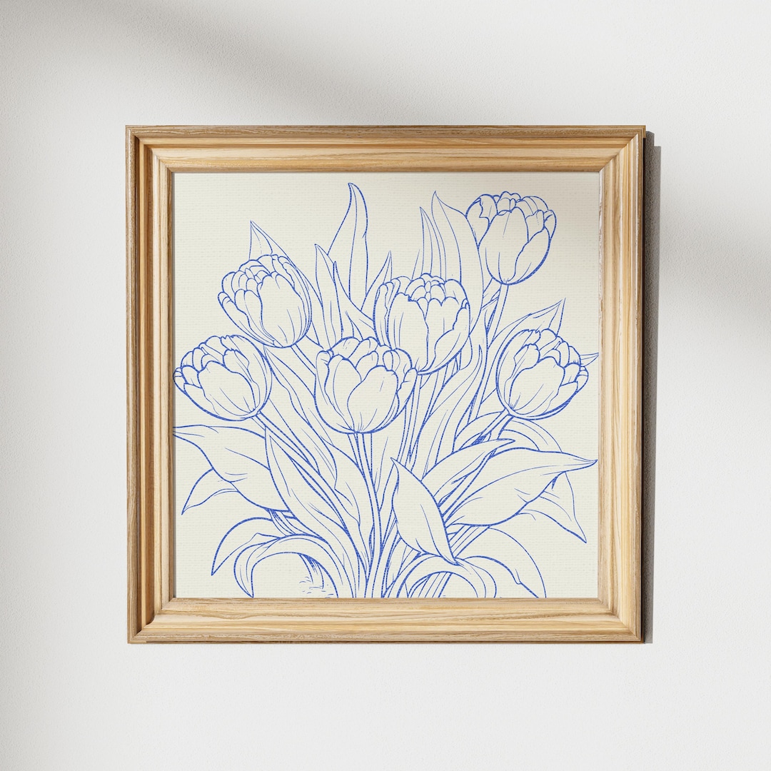 Vintage Tulip Line Art Print: Trendy Blue Floral Decor, Digital ...