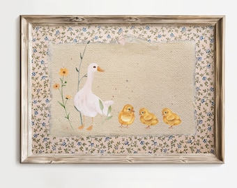 3 Chick Vintage Mother Duck Print, Digital Downloadable Wall Art, Nursery Art, Vintage Painting, Cottagecore, Printable Wall Art, Horizontal