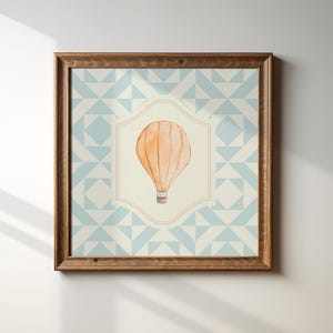 Impressão de balão de ar quente acolchoado azul e branco, impressão quadrada, arte de parede, cozinha, arte de sala de estar, linha fina azul, impressão digital