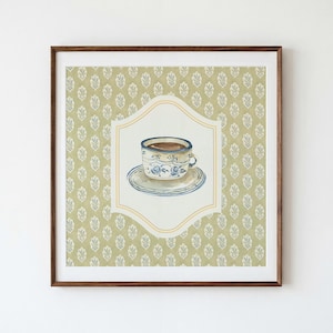 Vintage-Kaffeetassen-Kunstdruck: Omas Küchendeko, Digitaler Download, Magnolie, Geschenkidee, Kokette Ästhetik
