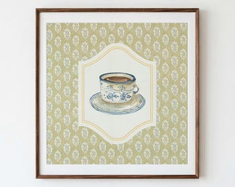 Vintage Coffee Cup Art Print: Grandma's Kitchen Decor, Digital Downloads, Magnolia, Gift Idea, Coquette aesthetic