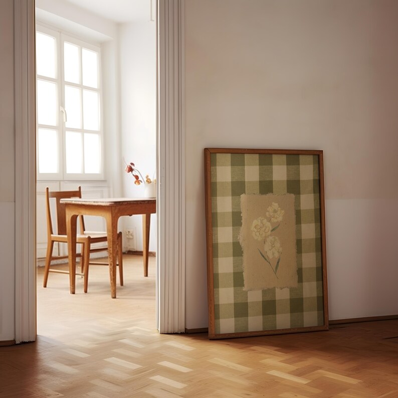 Green Gingham Flower Print, Digital Downloadable Wall Art, Trendy Decor