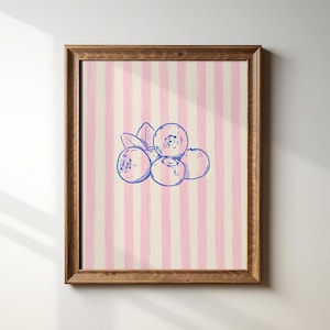 Pink Striped Blueberry Print: Trendy Kitchen Wall Art, Digital Download, Art Print, Gift Idea, Aesthetic