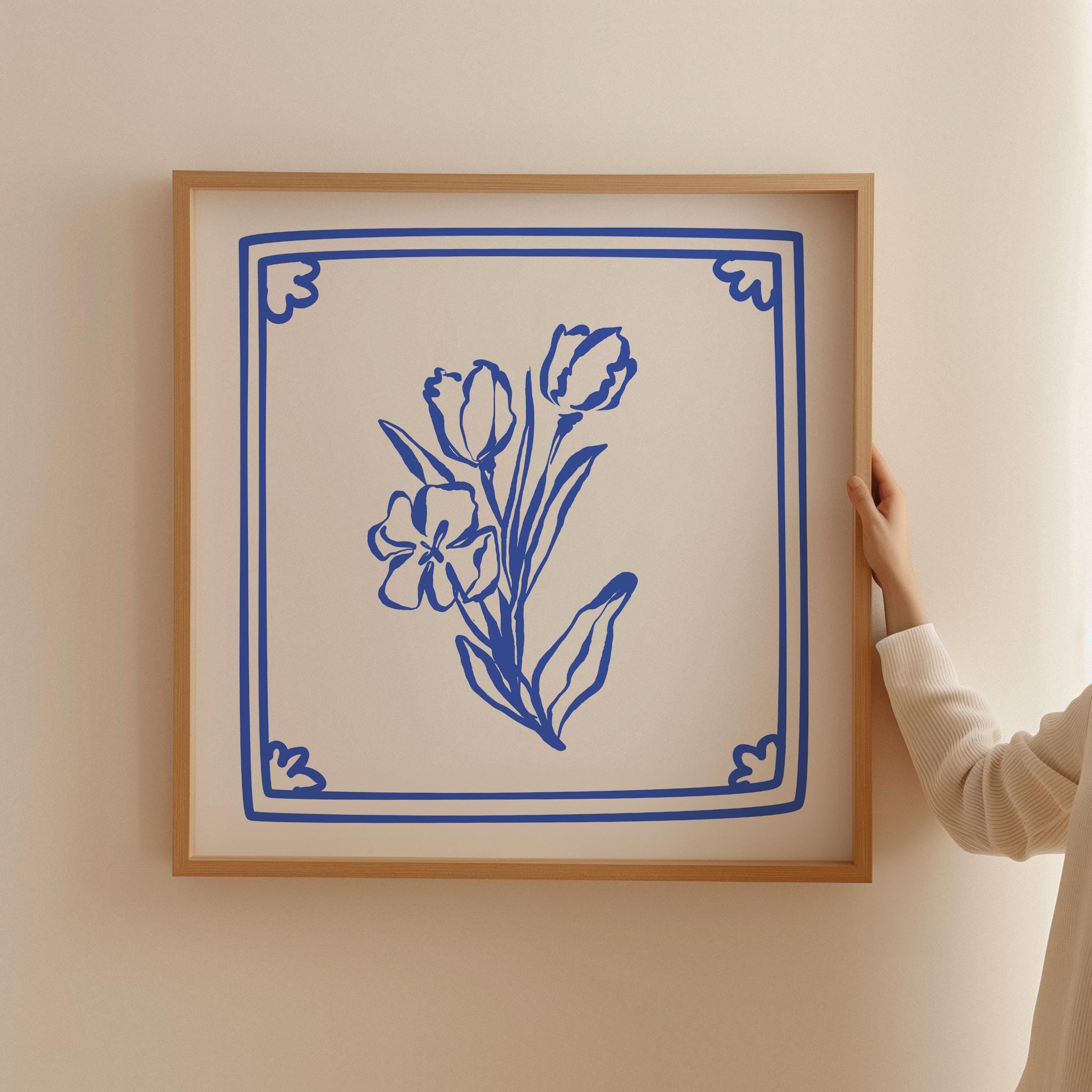Blue Floral Square Print: Trendy Minimalist Wall Art (Digital Print)
