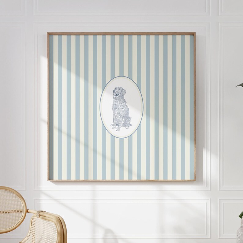 Blue and White Striped Golden Retriever Dog: Trendy Cottage Decor, Digital Downloads, Art Print, Gift Idea, Pet Owner Gift image 3