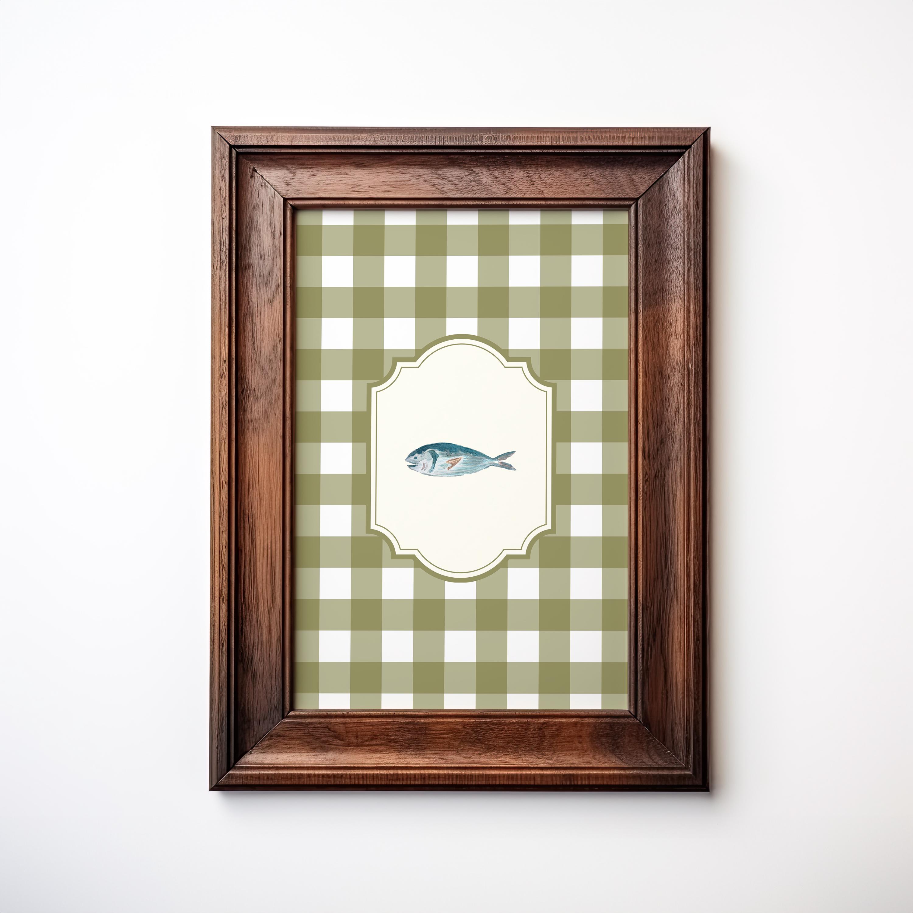 Fish Print: Green Gingham Vintage Illustration, Digital