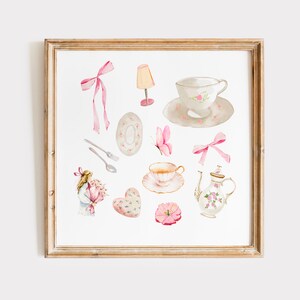 May include: A watercolor illustration of a tea party set with a teapot, teacups, saucers, a plate, a lamp, a butterfly, a heart, a flower, and a ribbon.