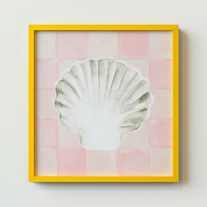 May include: A white seashell with a grey outline is framed in a yellow frame. The background is a pink and white chequered pattern.