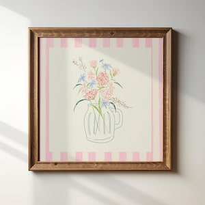 Rosa gestreiftes Einmachglas-Gekritzel-Blumendruck, SOFORTIGE digital herunterladbare Wandkunst, trendiges Dekor, Wohnzimmerkunst, Cottage, Kinderzimmer