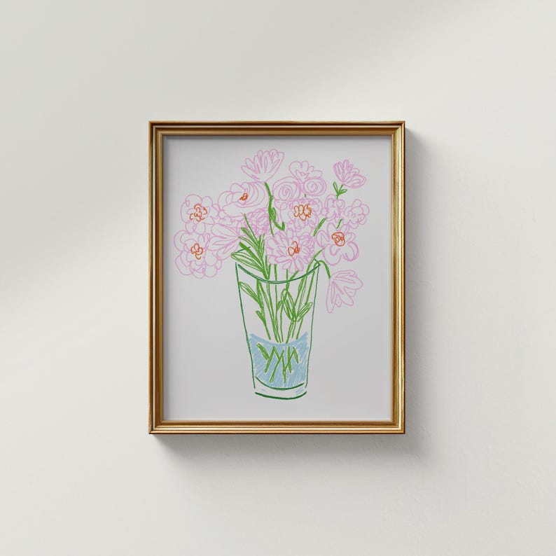 Pink Doodle Floral Art Print: Trendy Cottage Decor, Digital Downloads, Art Print, Abstract Line Drawing, Wildflower Botanical image 5