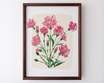 Watercolor Carnation Bouquet Print: Vintage Floral Wall Art, Digital Downloads, Abstract Botanical Wildflower