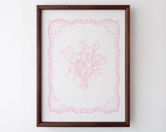 Pink Vintage Tulip Illustration Print, Digital Downloadable Wall Art, Trendy Decor, Abstract Vintage Painting, Wall Art, Digital Print