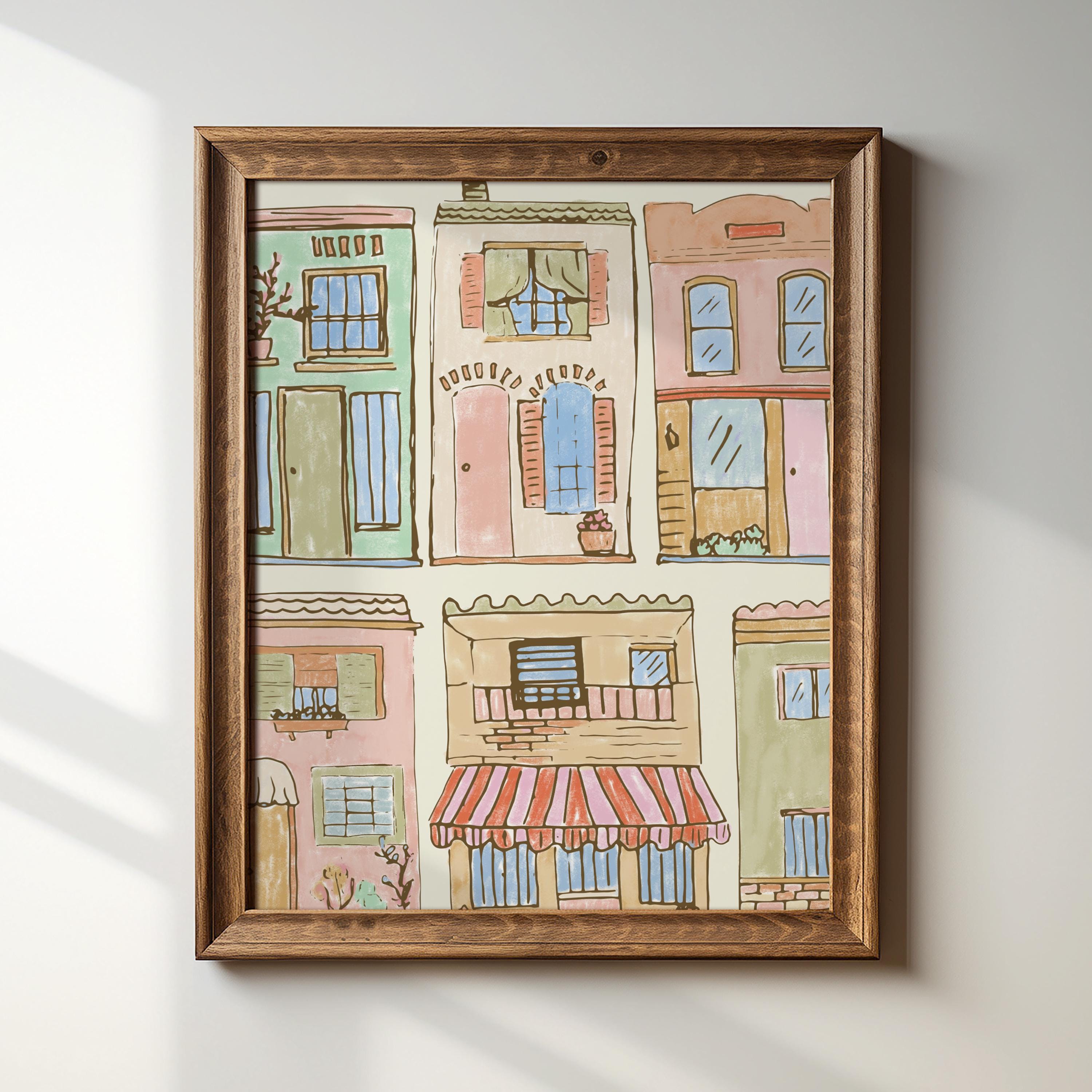 Poppy Village Watercolor Doodle Line Illustration Print, Digital Downloadable Wall Art, Trendy Decor, Abstract Vintage Painting