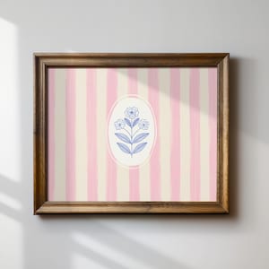 Pink Striped Floral Horizontal Print, Digital Downloadable Wall Art, Nursery, Botanical, Cottage core Decor, Printable Wall Art, Girls Room