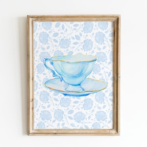 Blue Floral English Tea Print, Digital Downloadable Wall Art, Trendy Decor, Abstract Vintage Painting, English Garden, Cottagecore Decor