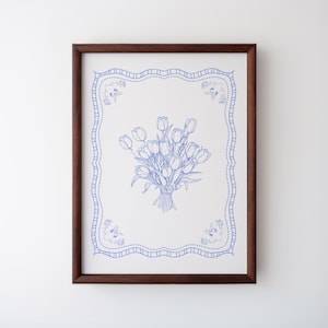 Vintage Tulip Illustration Print, Digital Downloadable Wall Art, Trendy Decor, Abstract Vintage Painting, Cornflower Blue, Vintage Botanical