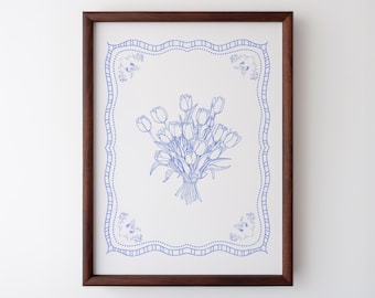 Vintage Tulip Illustration Print, Digital Downloadable Wall Art, Trendy Decor, Abstract Vintage Painting, Cornflower Blue, Vintage Botanical