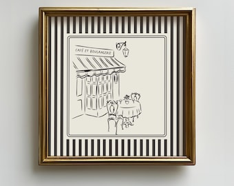 Black and White Striped French Cafe Print, Minimalist Illustration, Digital Download, Art Print, Gift Idea, Aesthetic