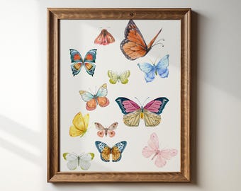 Butterfly Collage Papillion Art Print, Digital Downloadable Wall Art, Trendy Decor, Abstract Vintage Painting, English Garden, Cottagecore