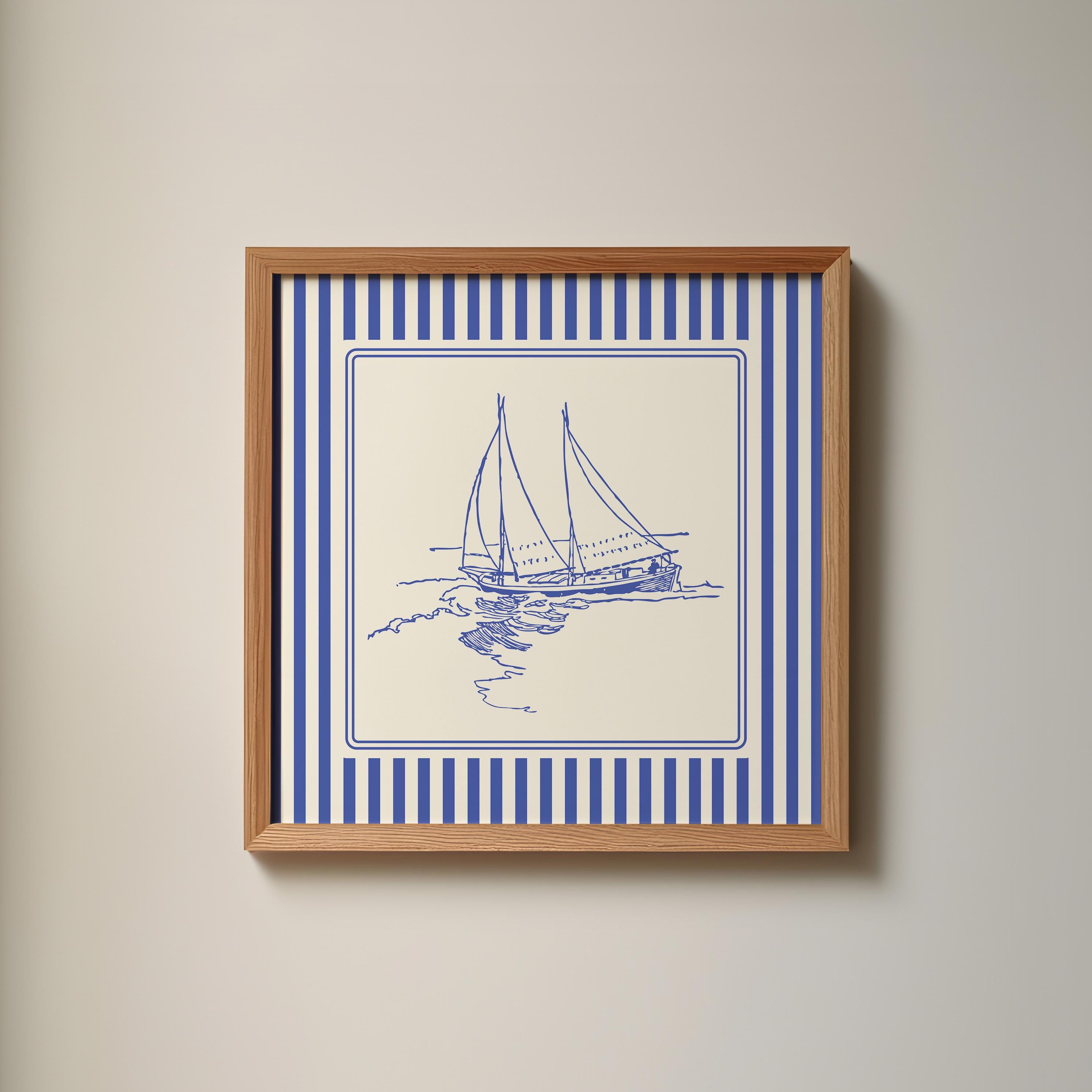 Cobalt Blue Sailboat Print: Coastal Cottagecore Wall Art, Digital Download, Art Print, Gift Idea, Aesthetic